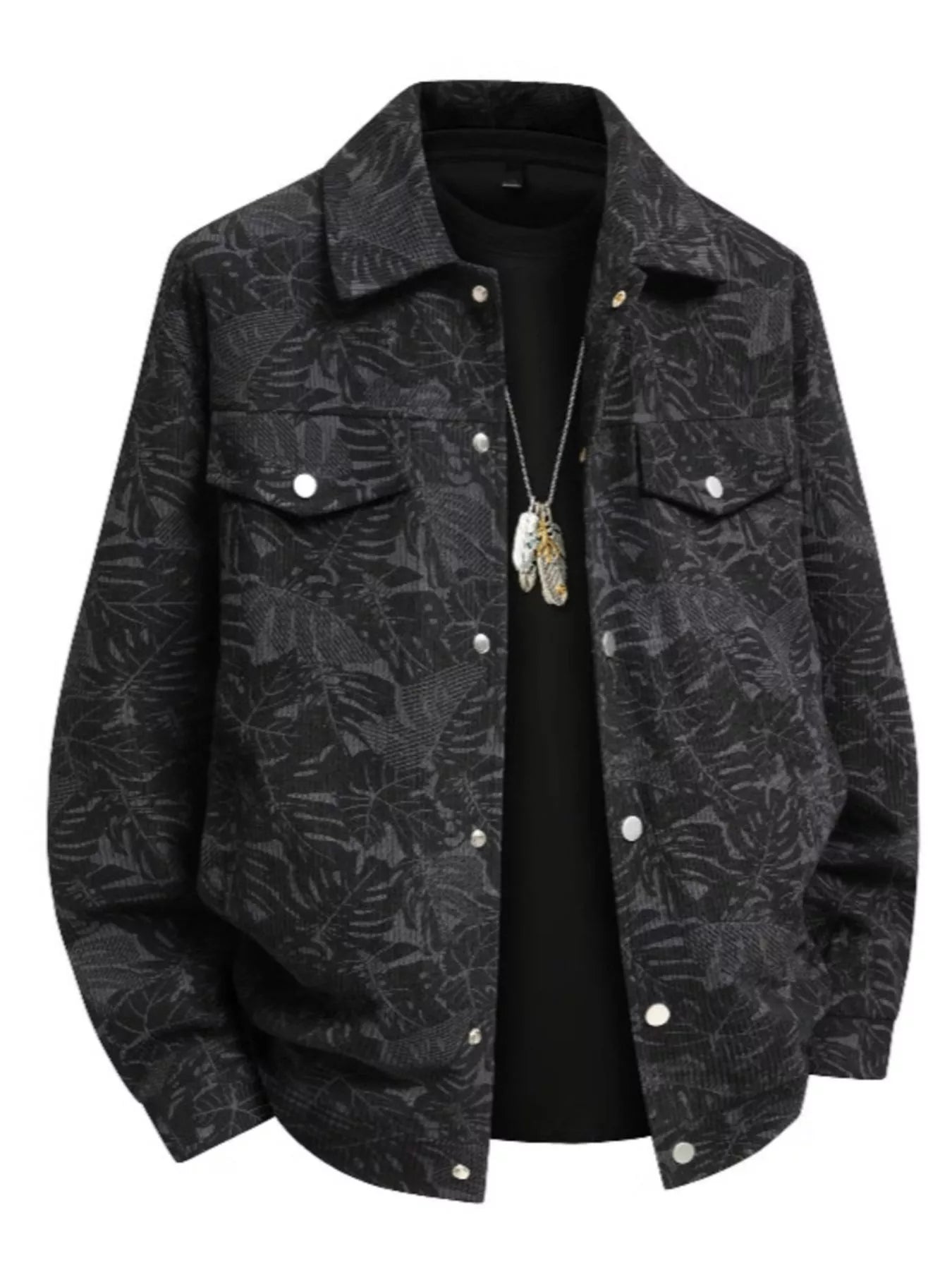 Men's Printed Snap Down Casual Jacket Black