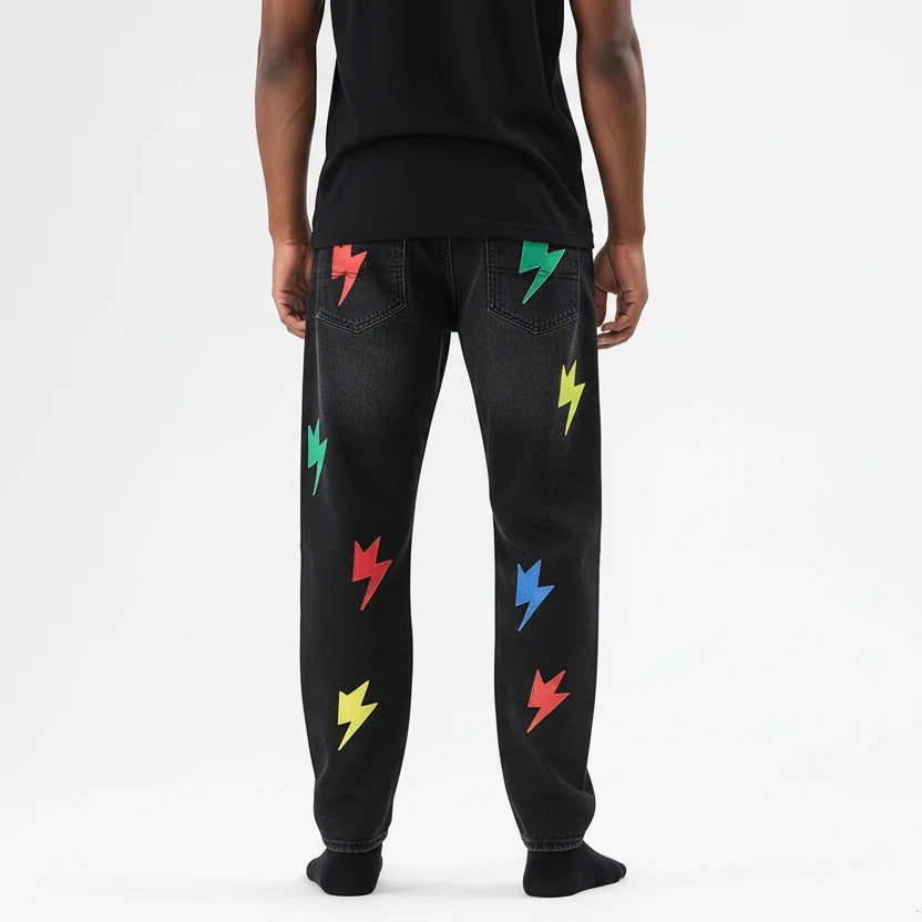 Men's Full Size Lightning Bolt Print Wide Leg Jeans Plus Size