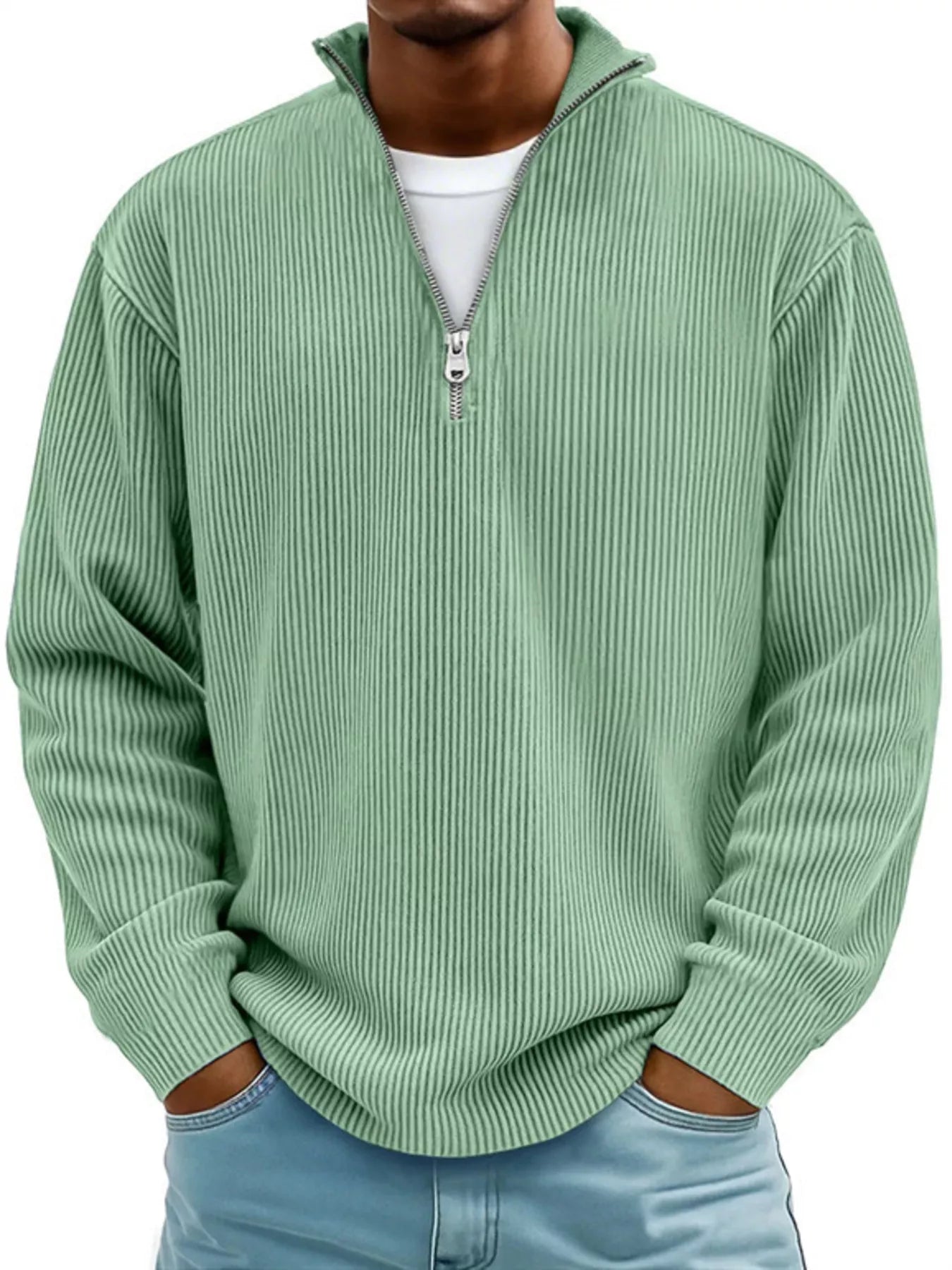 Men's Full Size Corduroy Quarter Zip Pullover Sweatshirt Light Green