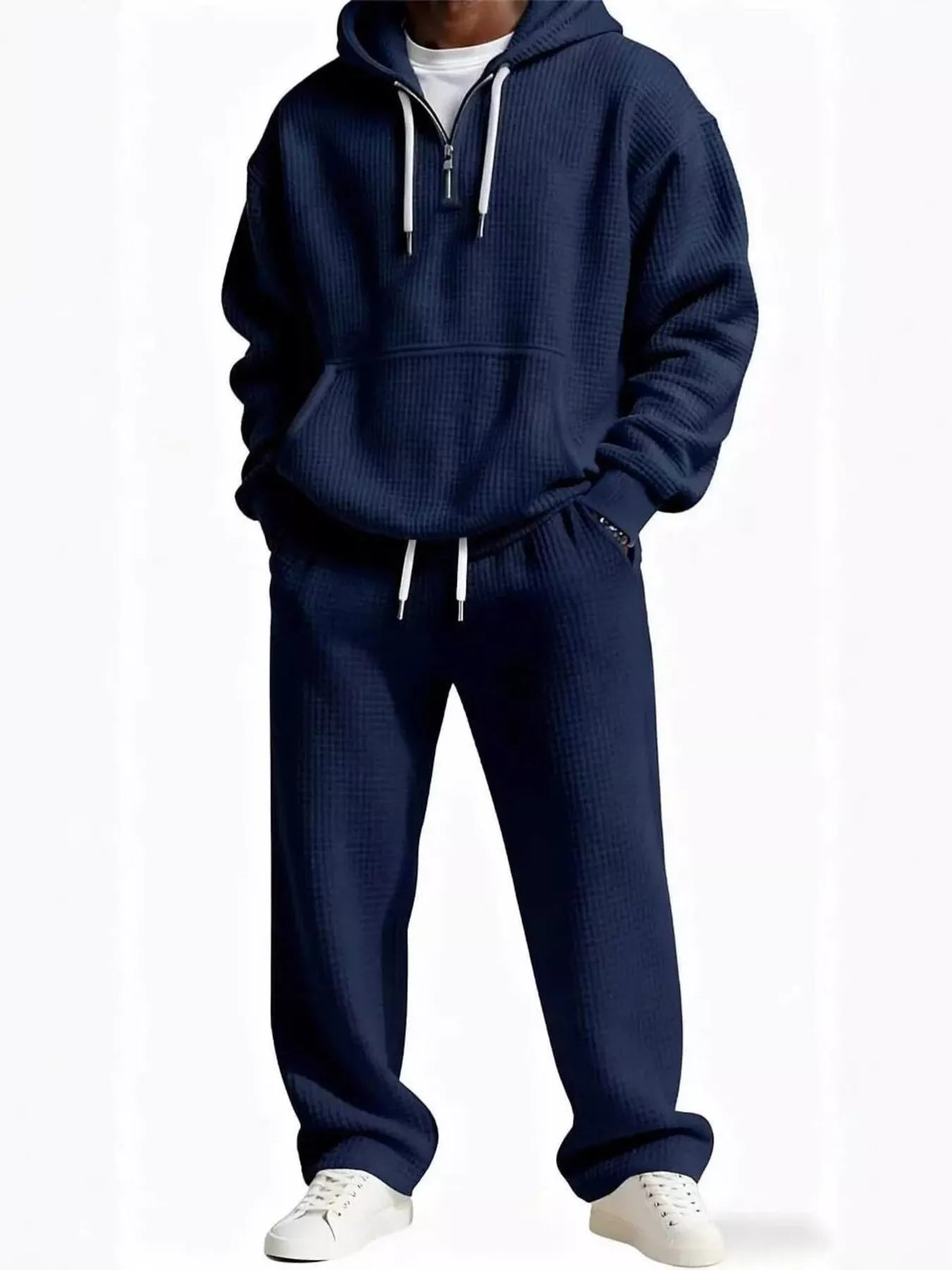 Men's Full Size Casual Waffle Knit Hoodie and Pants Set Plus Size Navy