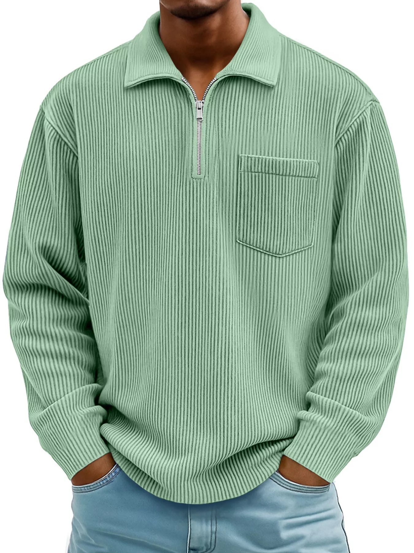 Men's Full Size Corduroy Half Zip Casual Top Plus Size Light Green