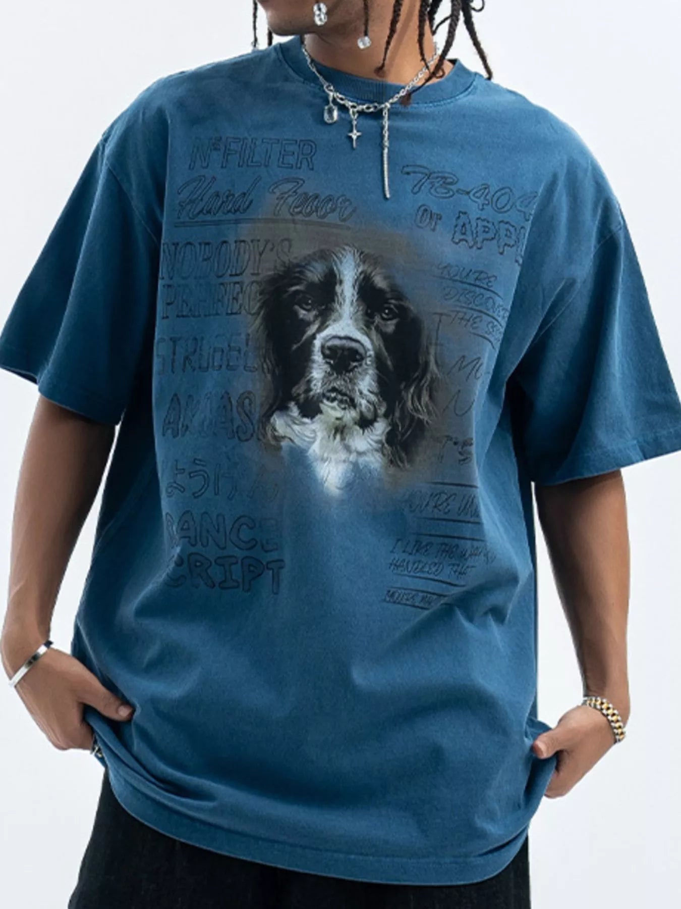Men's Dog Graphic Short Sleeve Oversized T-Shirt Blue