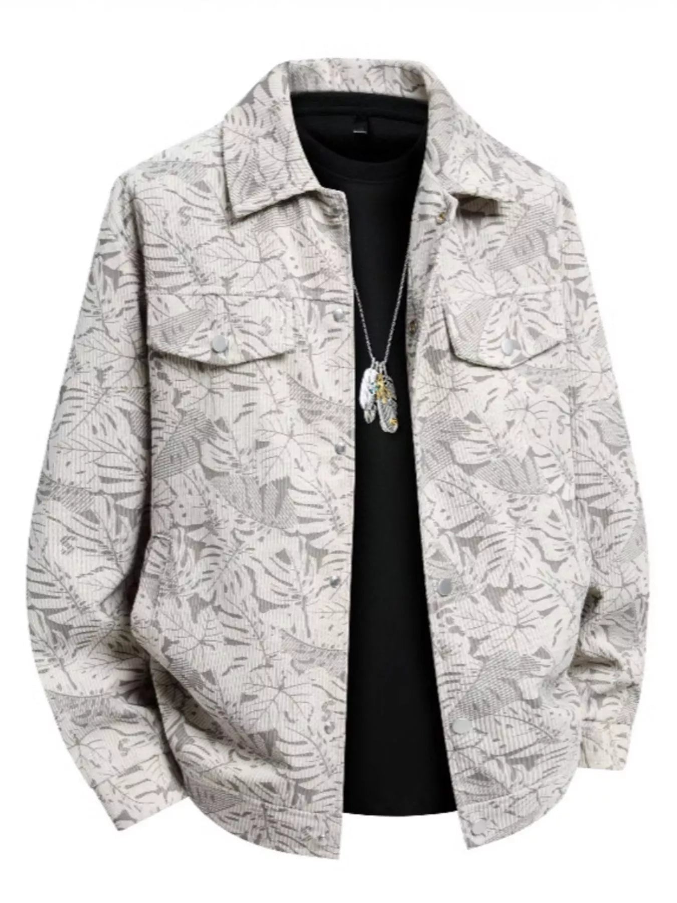 Men's Printed Snap Down Casual Jacket White
