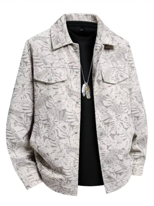 Men's Printed Snap Down Casual Jacket White