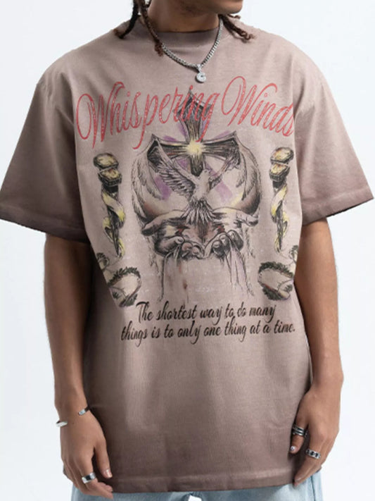 Men's Whispering Winds Graphic Vintage Round Neck T-Shirt Taupe