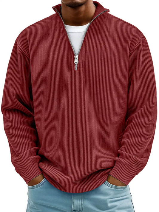 Men's Full Size Corduroy Quarter Zip Pullover Sweatshirt Dark Brown