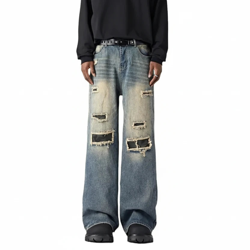 Men's Ripped Wide Leg Jeans Blue