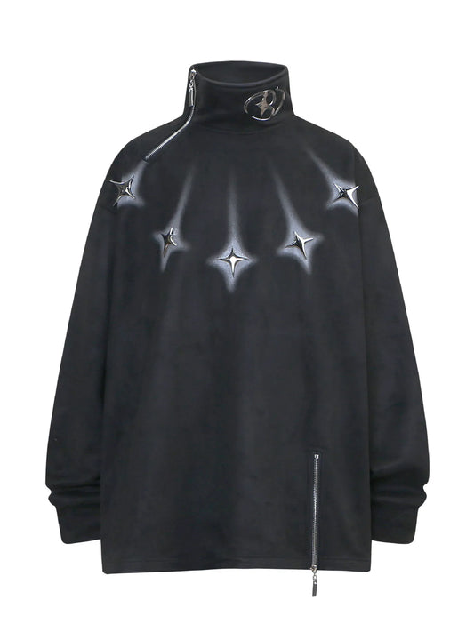 Men's Oversized Zipper Detail Turtleneck Sweatshirt Black