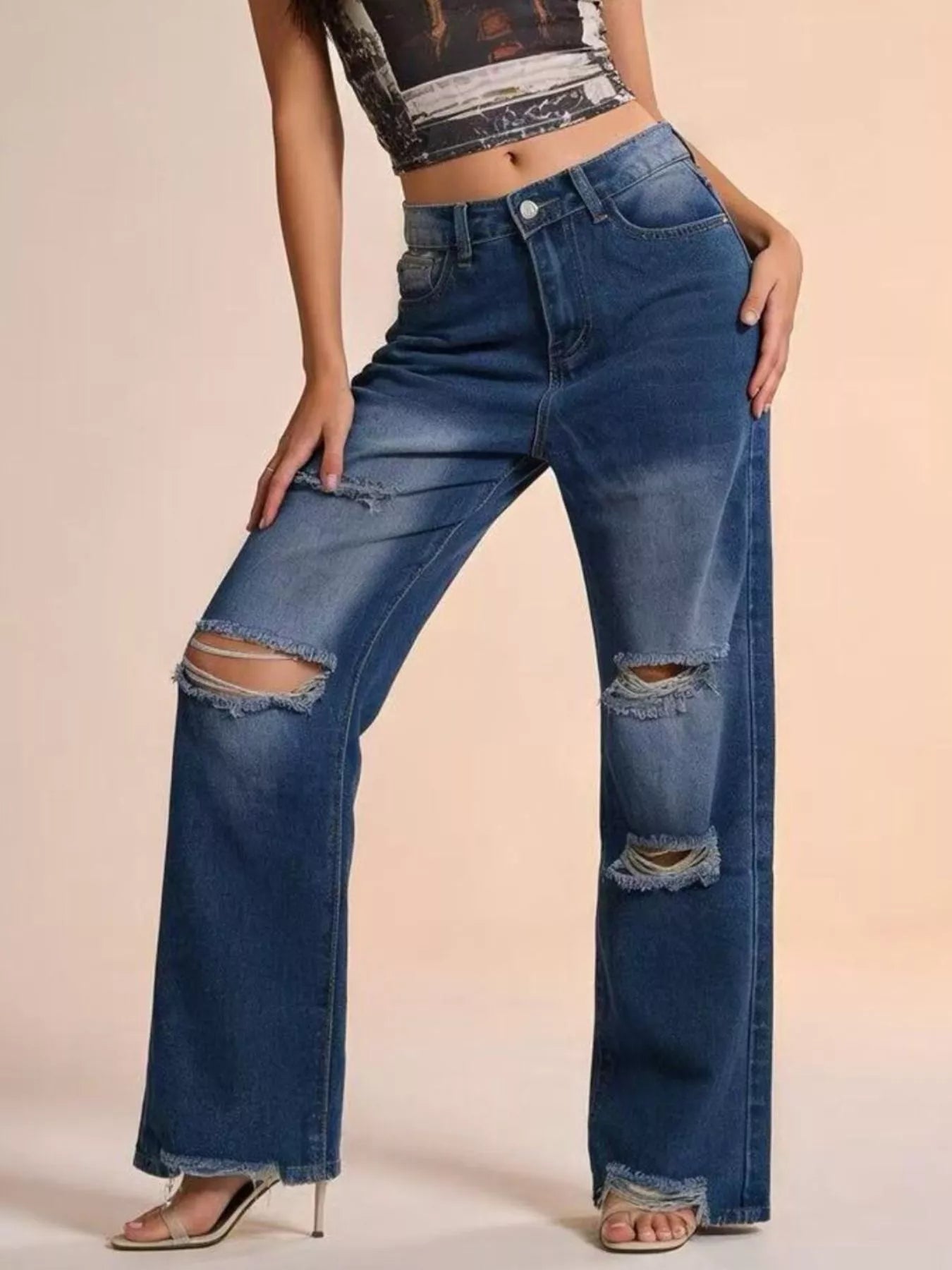 Distressed Wide Leg Jeans Blue