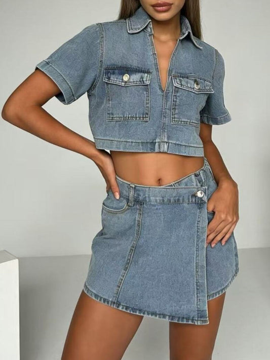 Short Sleeve Cropped Top and Skort Denim Set Light