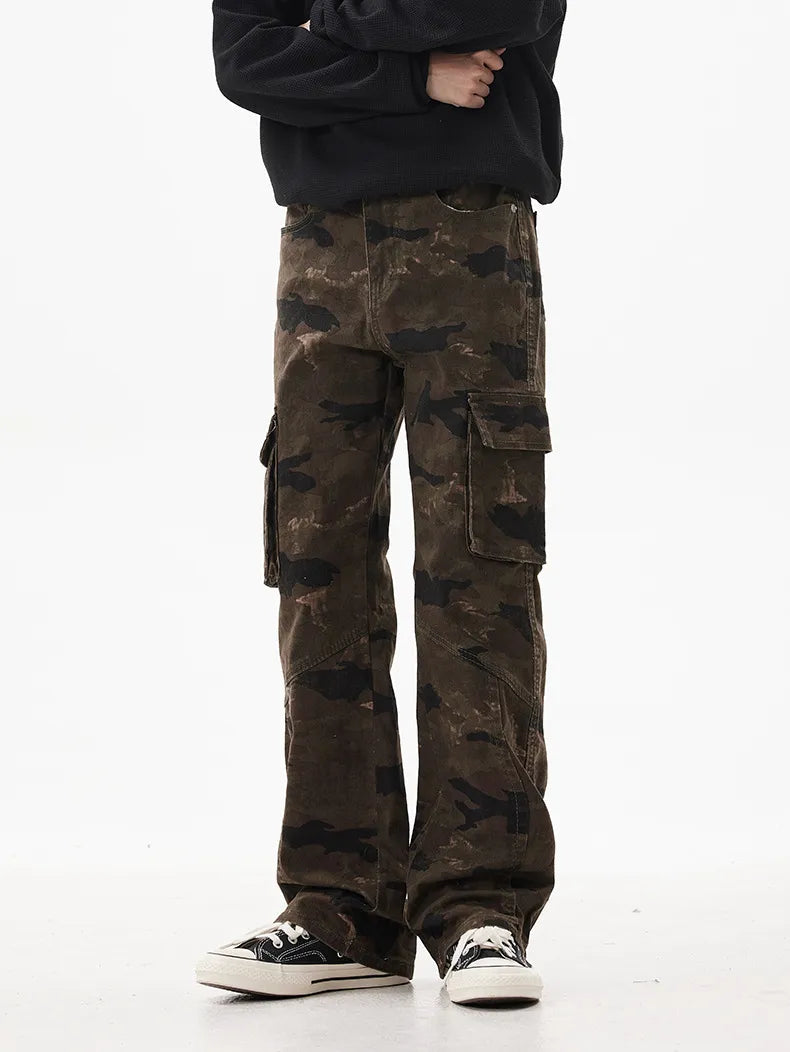 Men's Camo Print Relaxed Fit Cargo Jeans Olive Brown