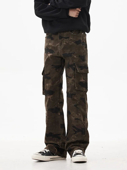 Men's Camo Print Relaxed Fit Cargo Jeans Olive Brown