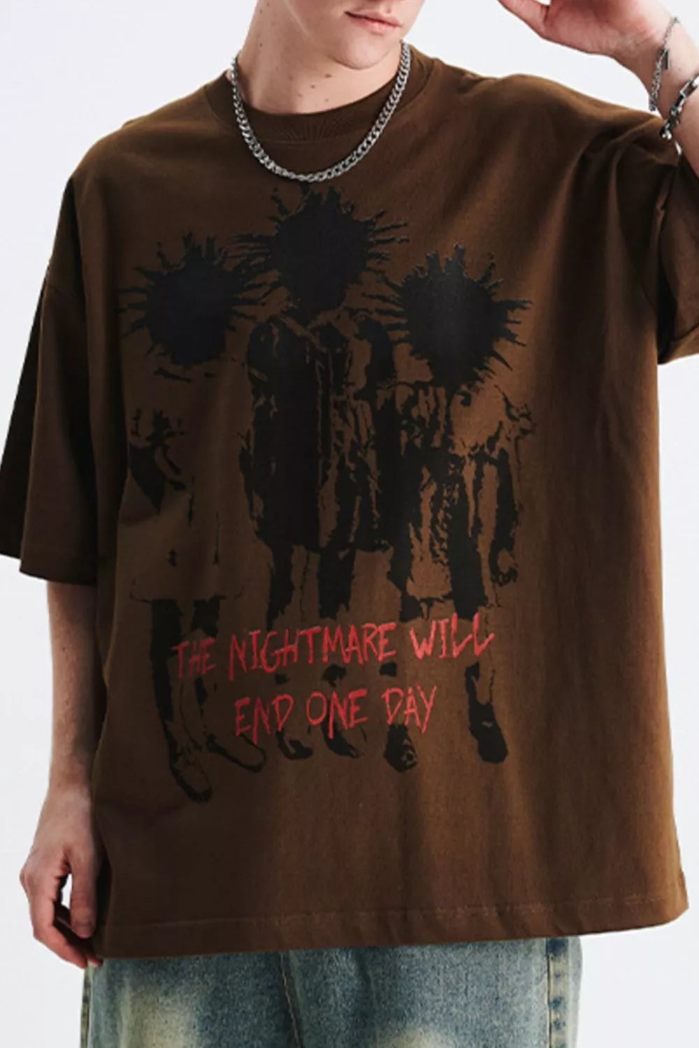 Men's Graphic Round Neck Oversized T-Shirt Brown