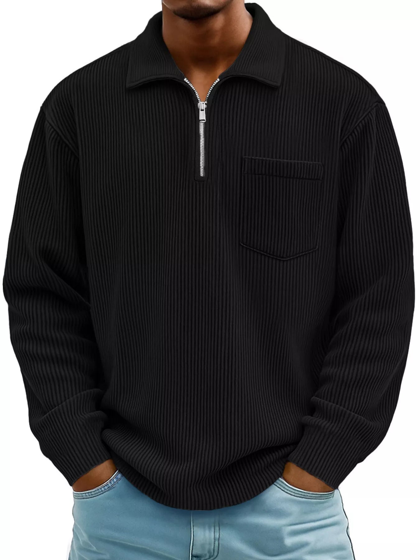 Men's Full Size Corduroy Half Zip Casual Top Plus Size Black