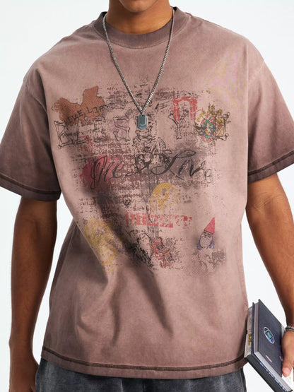 Men's Vintage Graphic Round Neck Oversized T-Shirt Mocha
