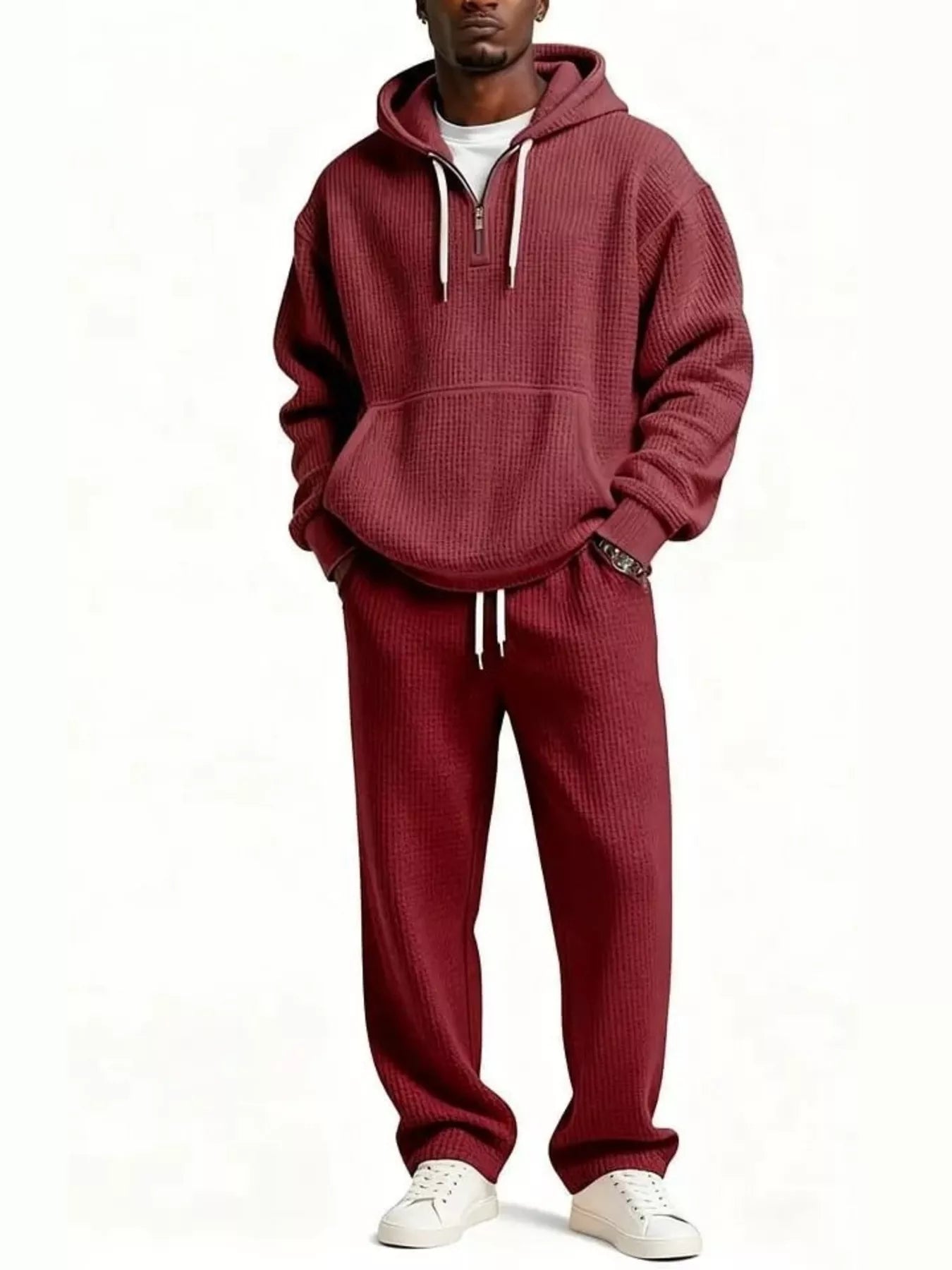 Men's Full Size Casual Waffle Knit Hoodie and Pants Set Plus Size Rust