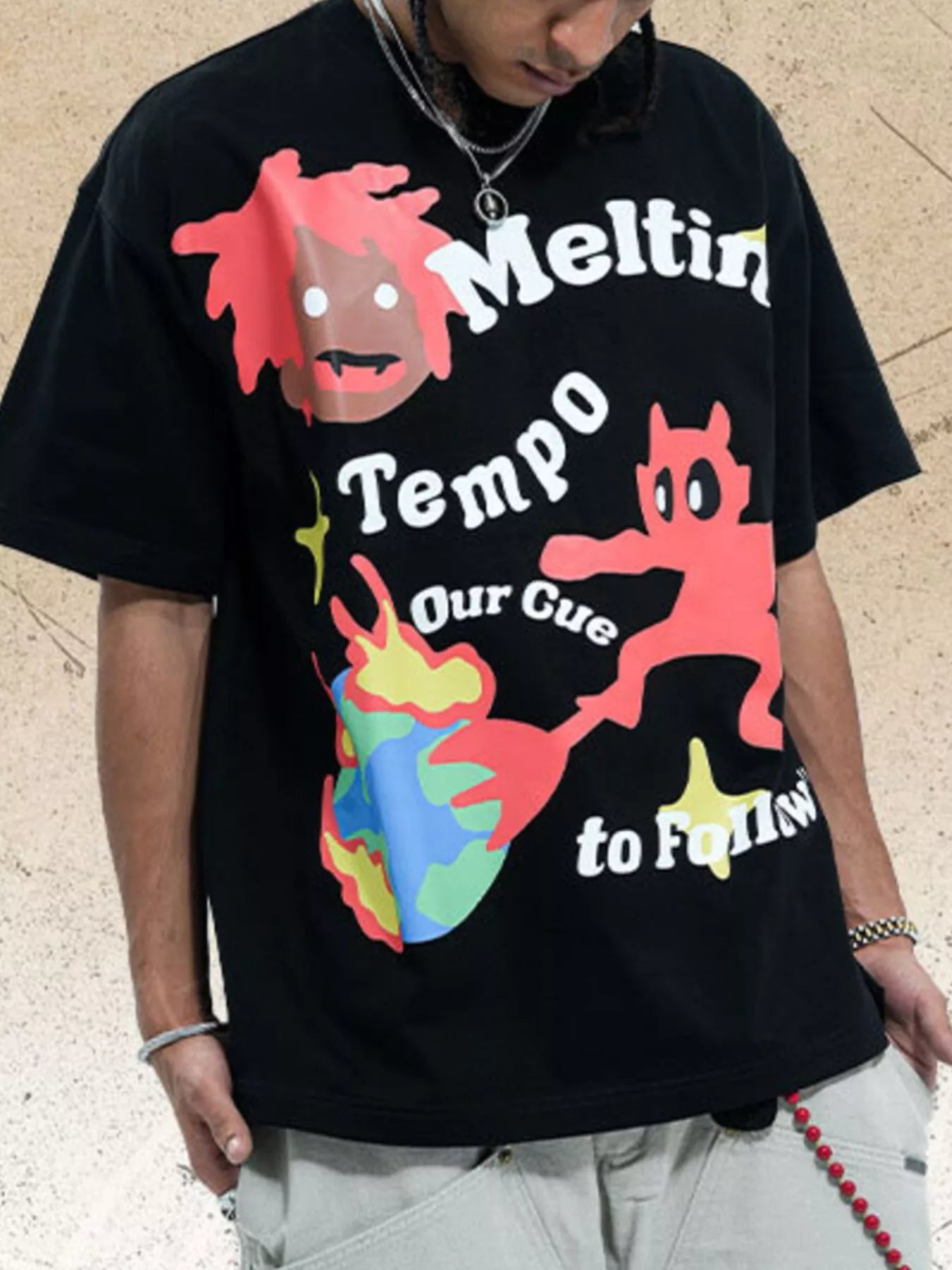 Men's Graphic Round Neck Oversized T-Shirt Black