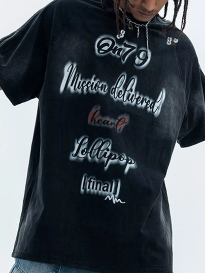 Men's Letter Round Neck Oversized T-Shirt Black