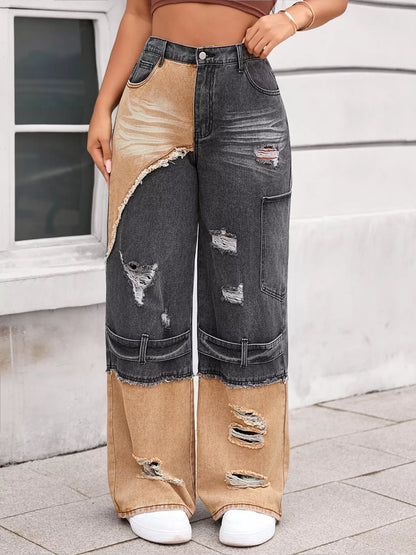 Two-Tone Ripped Wide Leg Jeans Black