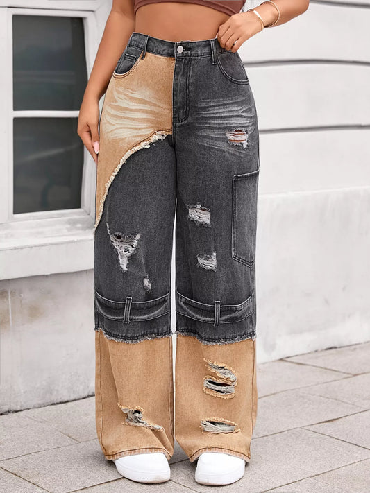 Two-Tone Ripped Wide Leg Jeans Black