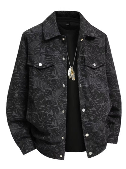 Men's Printed Snap Down Casual Jacket Black