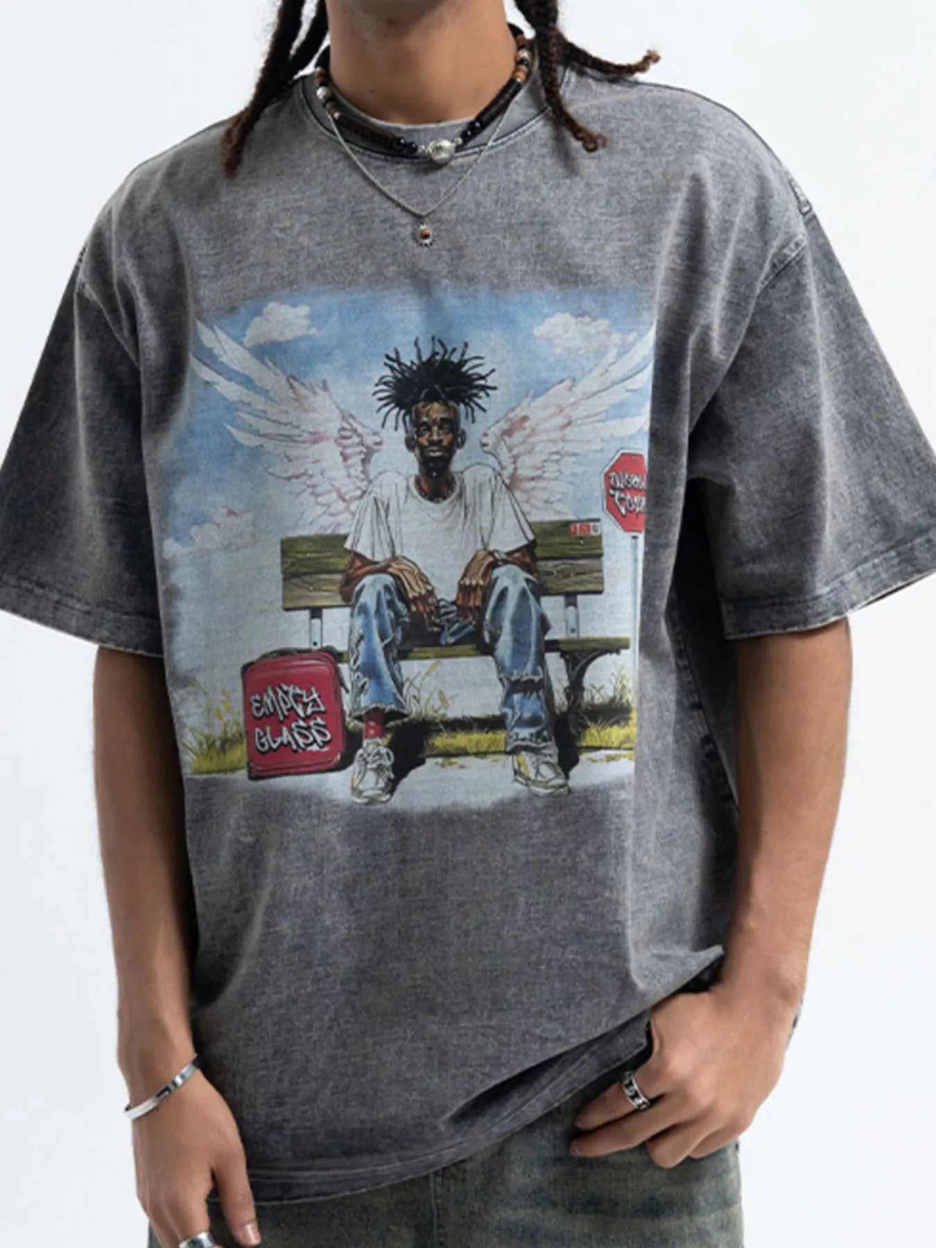 Men's Graphic Oversized Washed T-Shirt Floral Gray