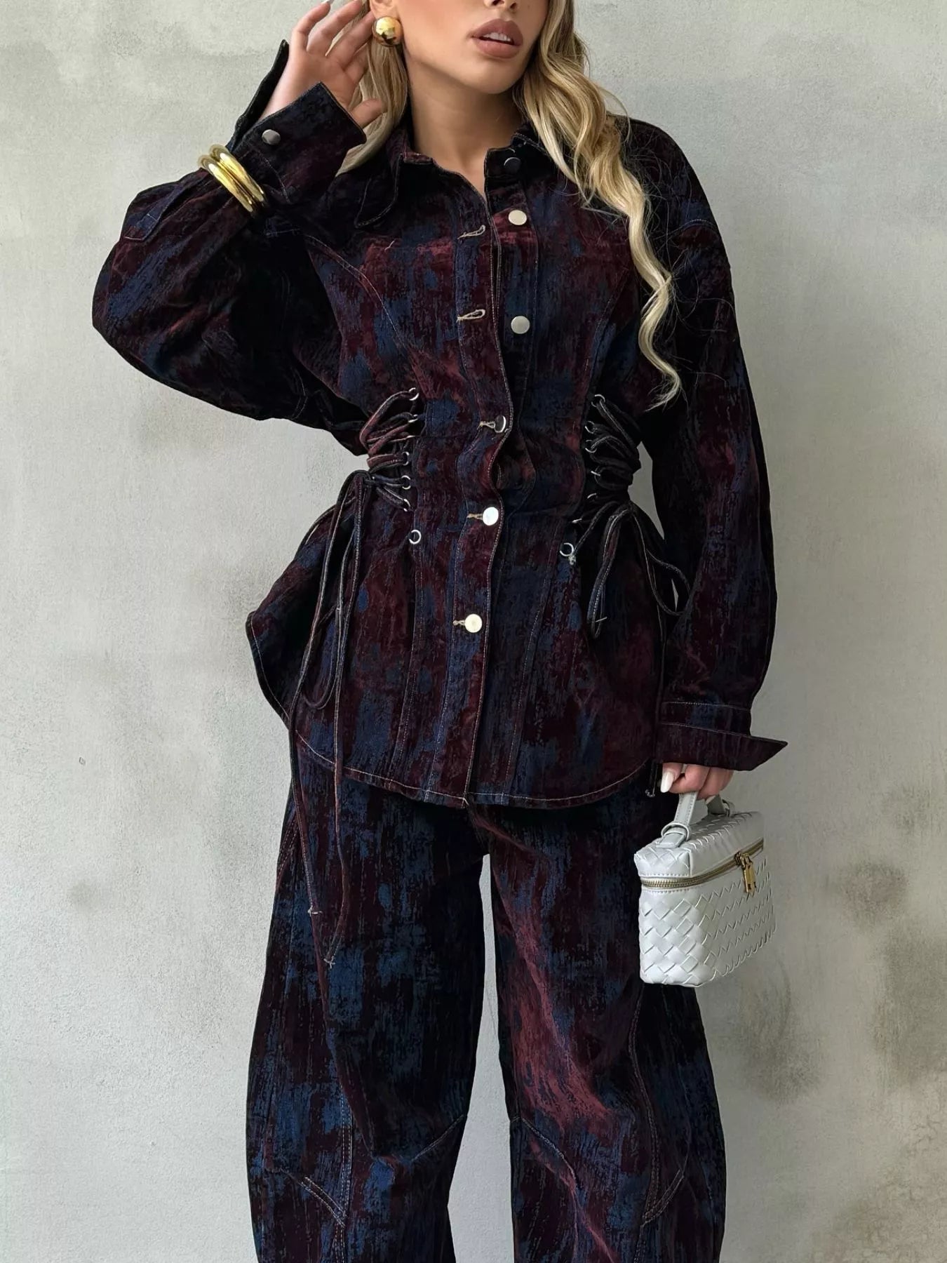 Lace Up Button Up Jacket and Jeans Denim Set Burgundy