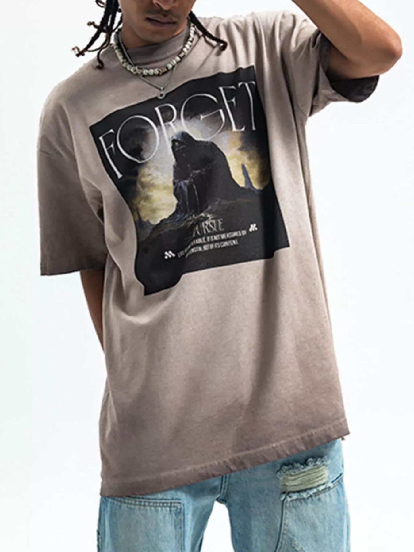 Men's Vintage Wash Graphic Oversized T-Shirt Khaki
