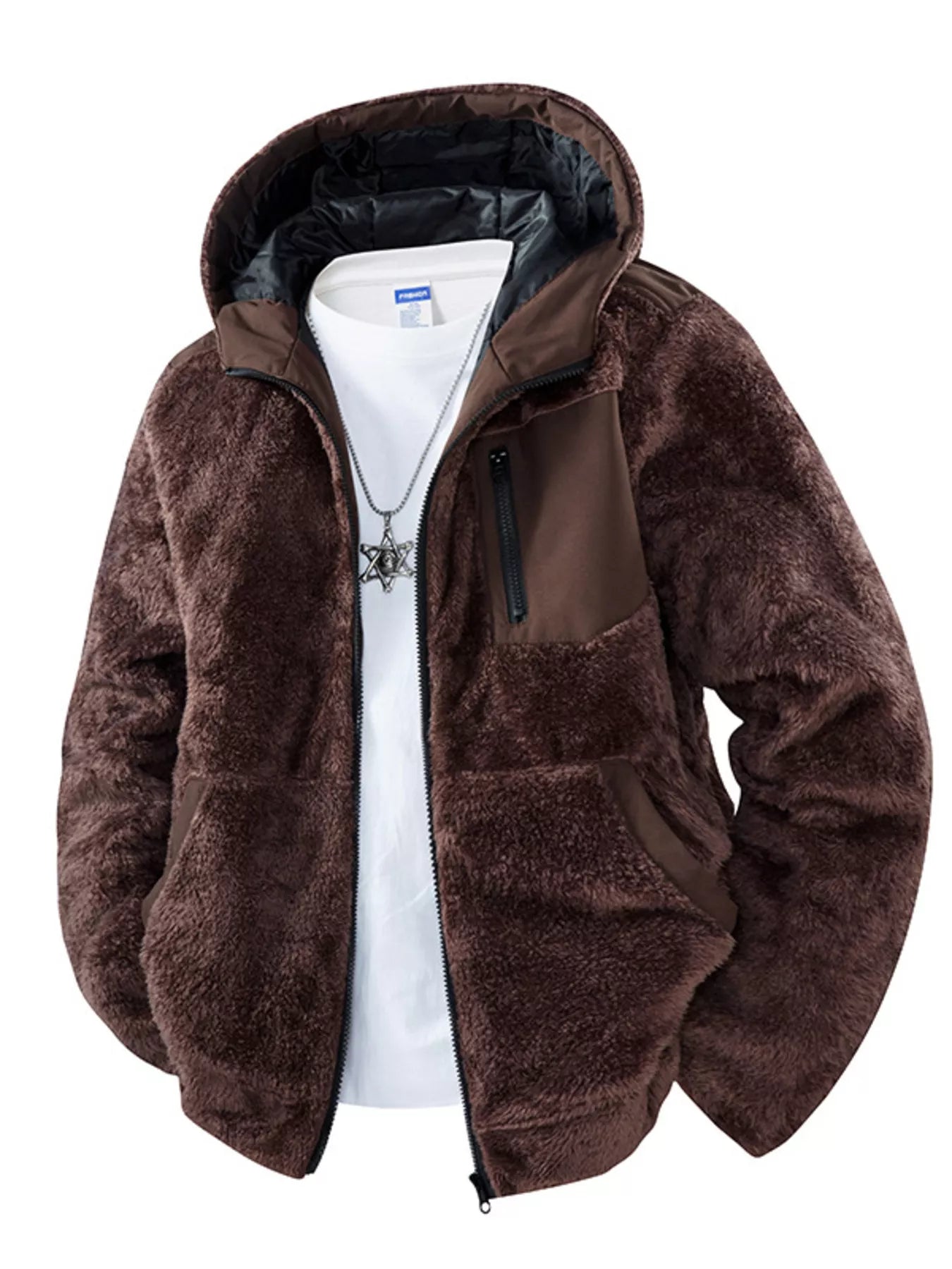 Men's Zip Up Fleece Hooded Jacket Brown