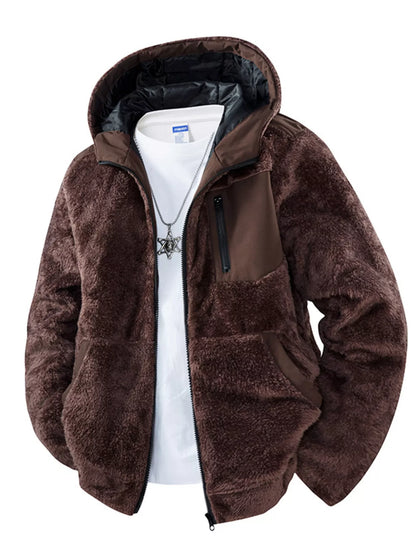 Men's Zip Up Fleece Hooded Jacket Brown