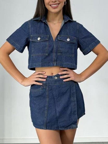 Short Sleeve Cropped Top and Skort Denim Set Medium