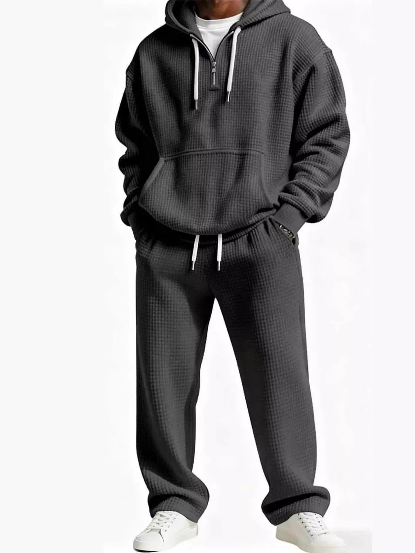 Men's Full Size Casual Waffle Knit Hoodie and Pants Set Plus Size Dark Gray