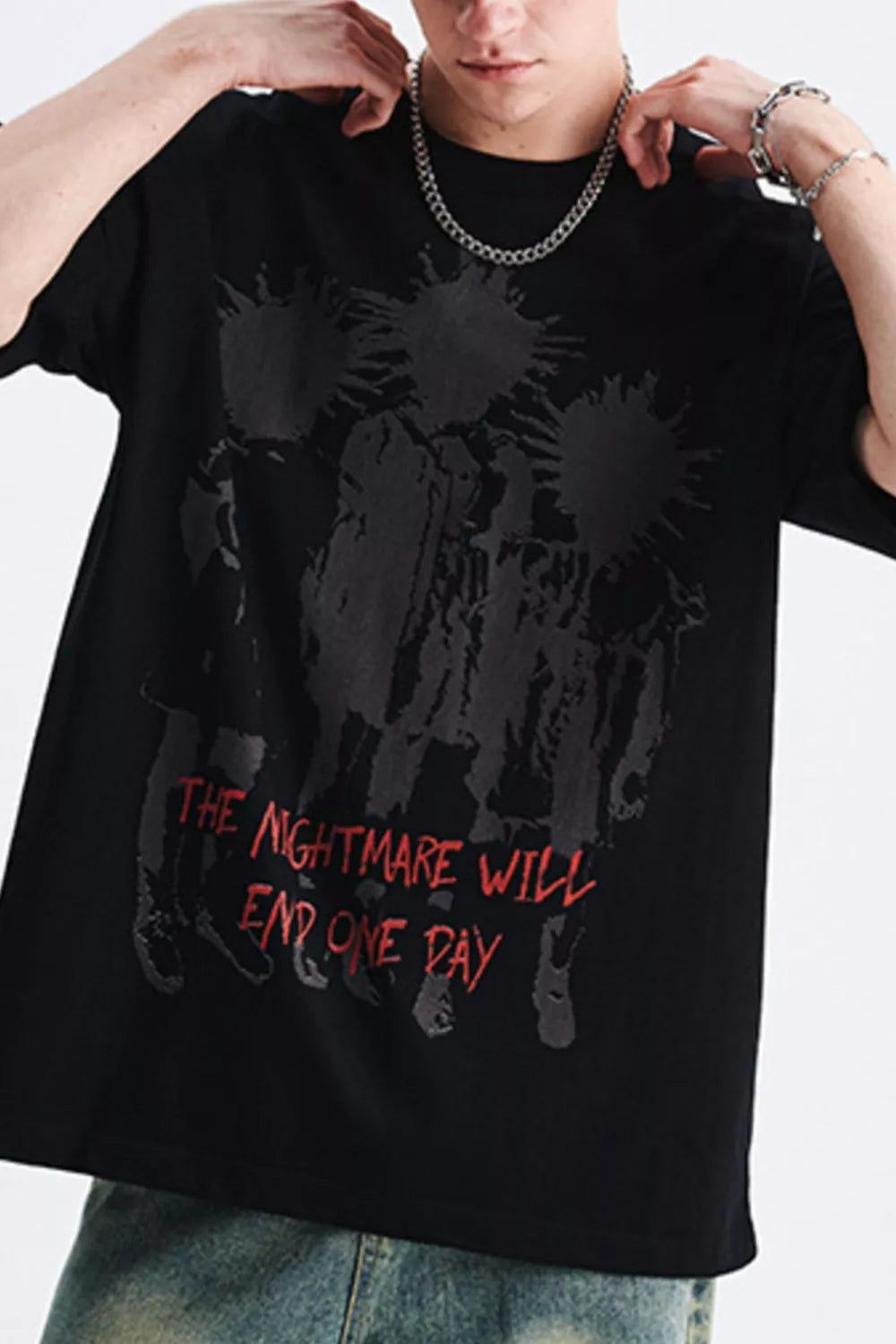 Men's Graphic Round Neck Oversized T-Shirt Black