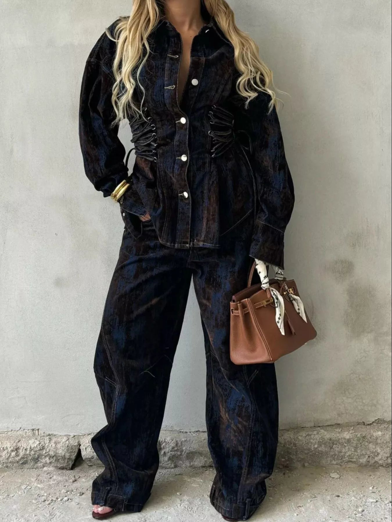 Lace Up Button Up Jacket and Jeans Denim Set Dark Blue
