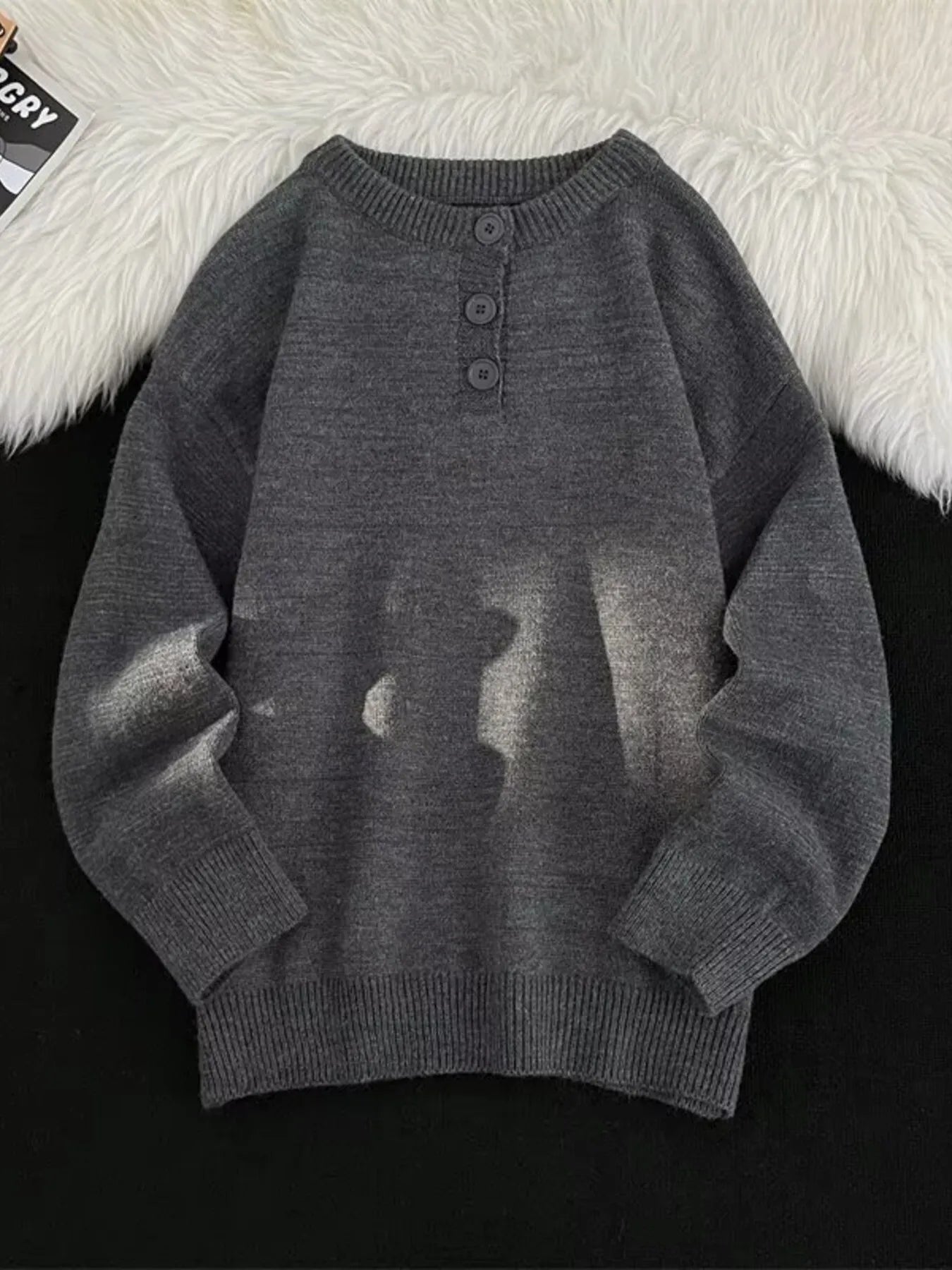 Men's Button Detail Long Sleeve Sweater Dark Gray