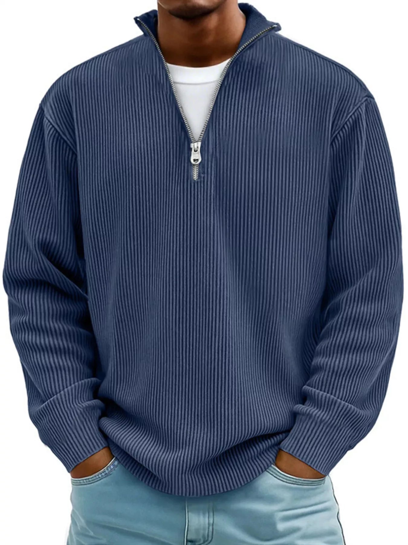 Men's Full Size Corduroy Quarter Zip Pullover Sweatshirt Peacock Blue
