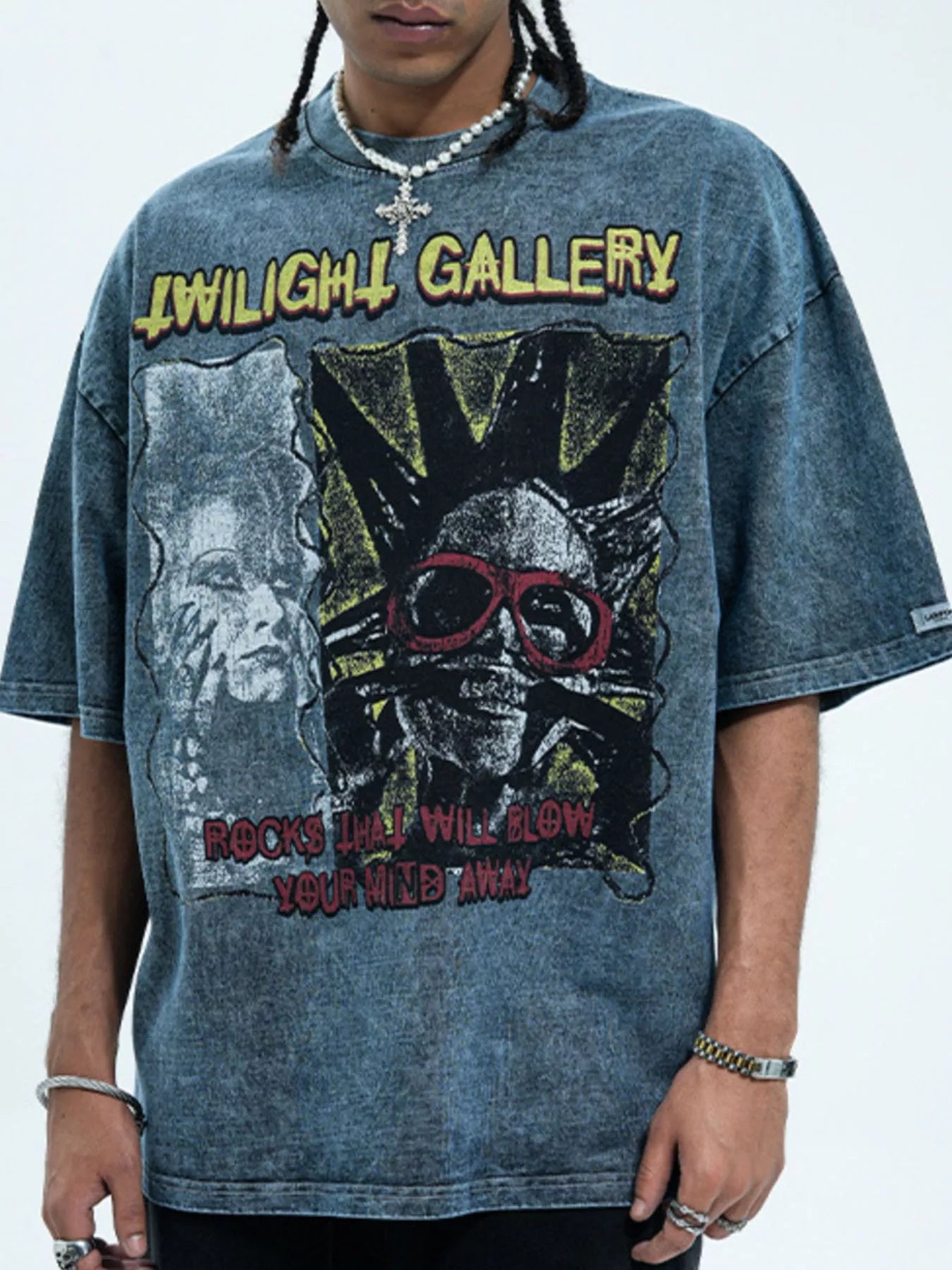 Men's Graphic Round Neck Vintage Wash T-Shirt French Blue