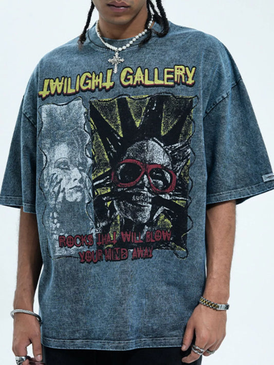 Men's Graphic Round Neck Vintage Wash T-Shirt French Blue