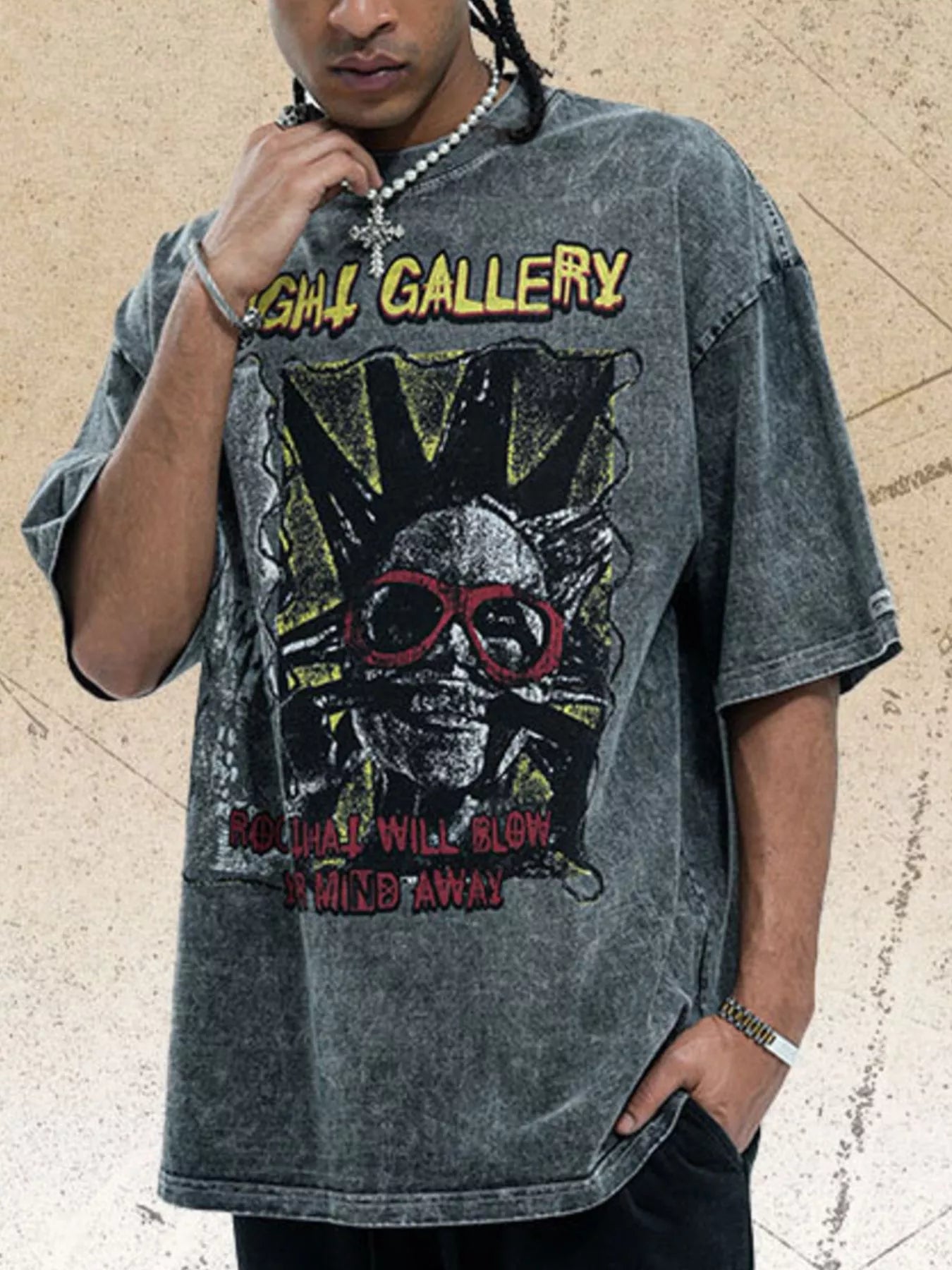 Men's Graphic Round Neck Vintage Wash T-Shirt Dark Gray