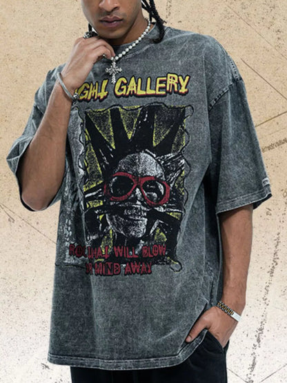 Men's Graphic Round Neck Vintage Wash T-Shirt Dark Gray