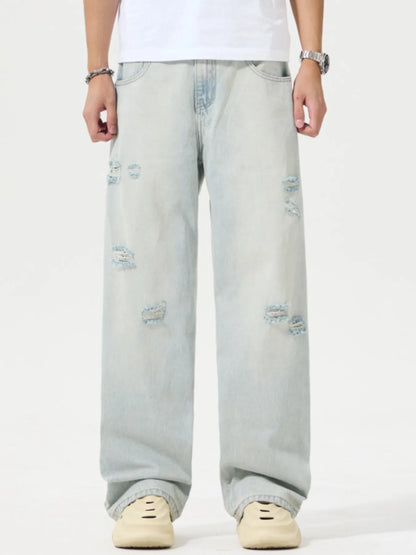 Men's Full Size Distressed Wide Leg Jeans Plus Size Light Blue