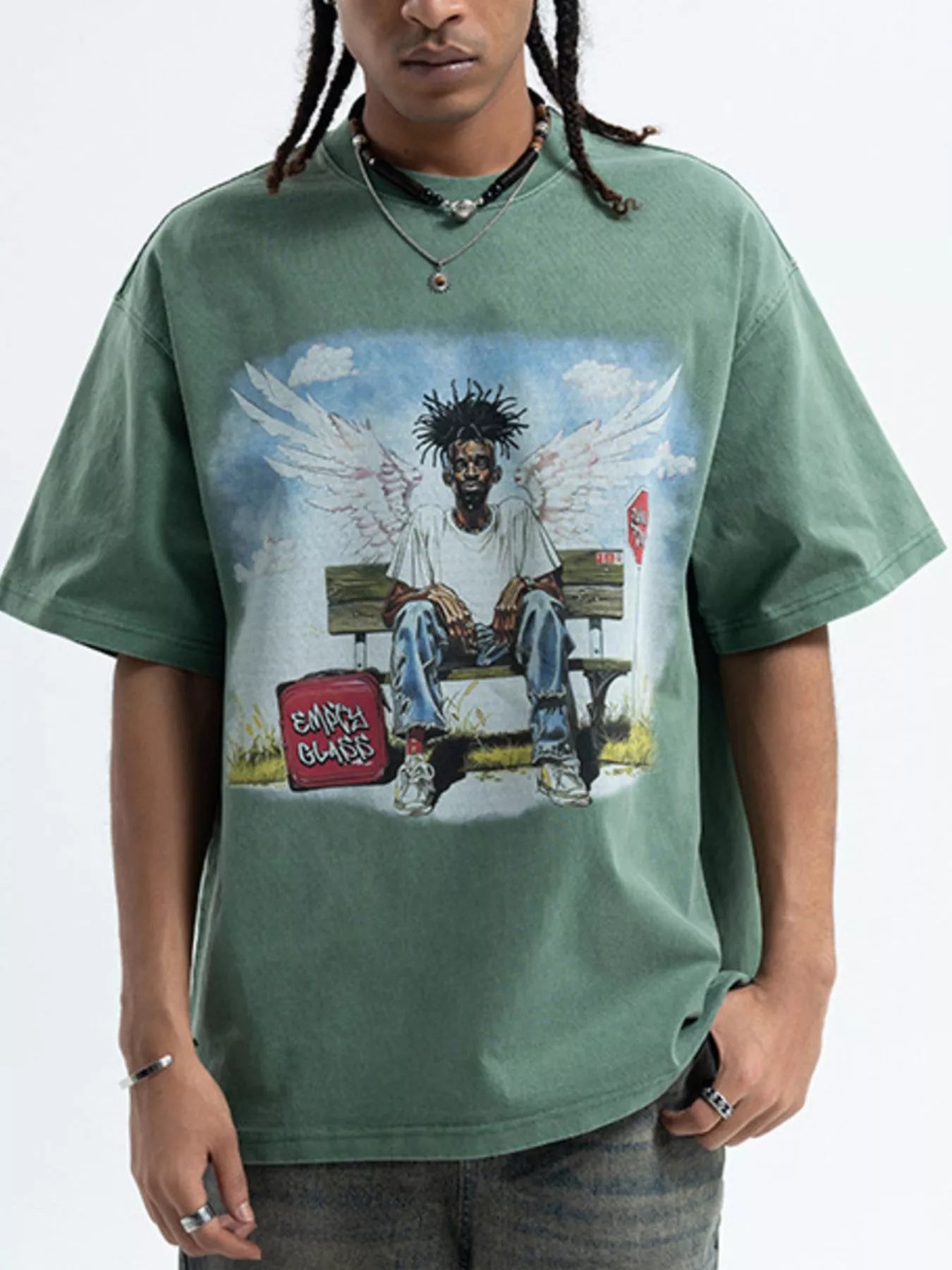 Men's Graphic Oversized Washed T-Shirt Dark Green