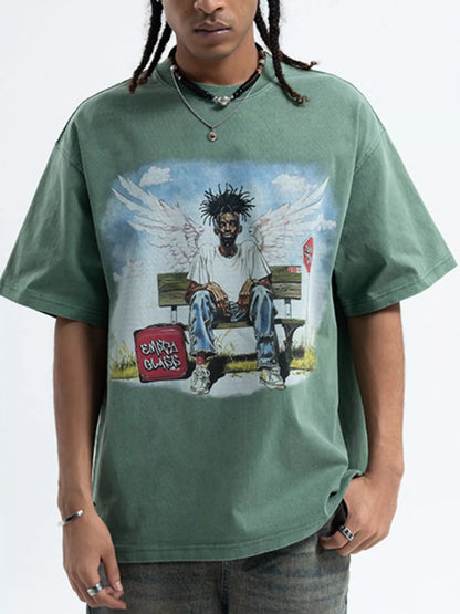 Men's Graphic Oversized Washed T-Shirt Dark Green