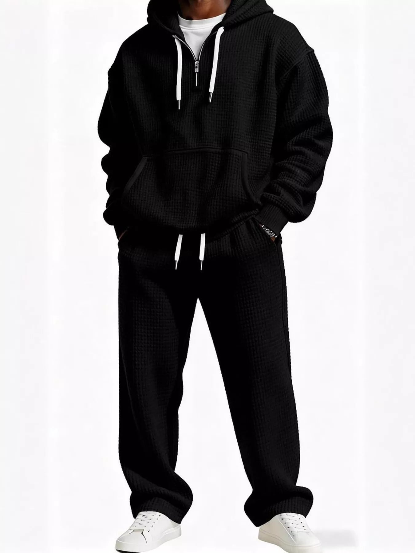 Men's Full Size Casual Waffle Knit Hoodie and Pants Set Plus Size Black