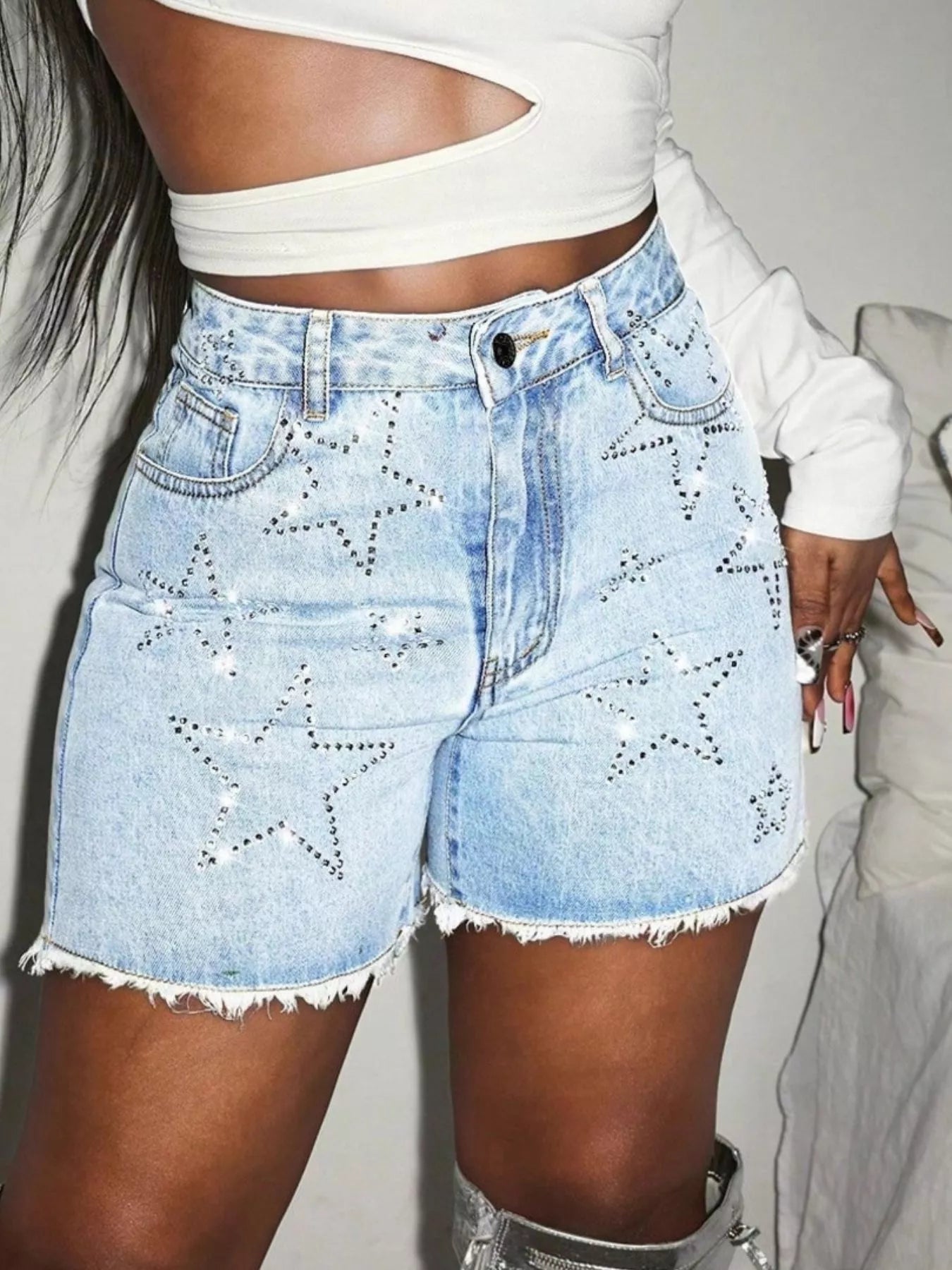 Star Raw Hem Denim Shorts Blue