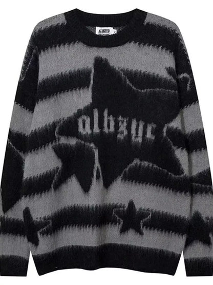Men's Star Pattern Striped Knit Sweater Gray