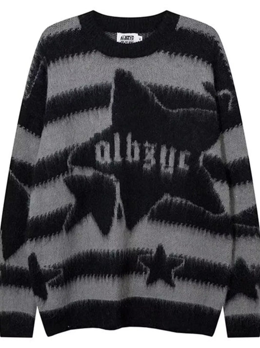 Men's Star Pattern Striped Knit Sweater Gray