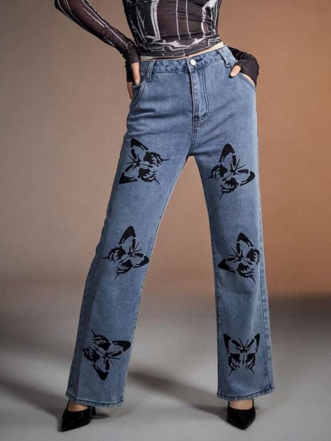 Butterfly Print High-Waisted Wide Leg Jeans Sky Blue