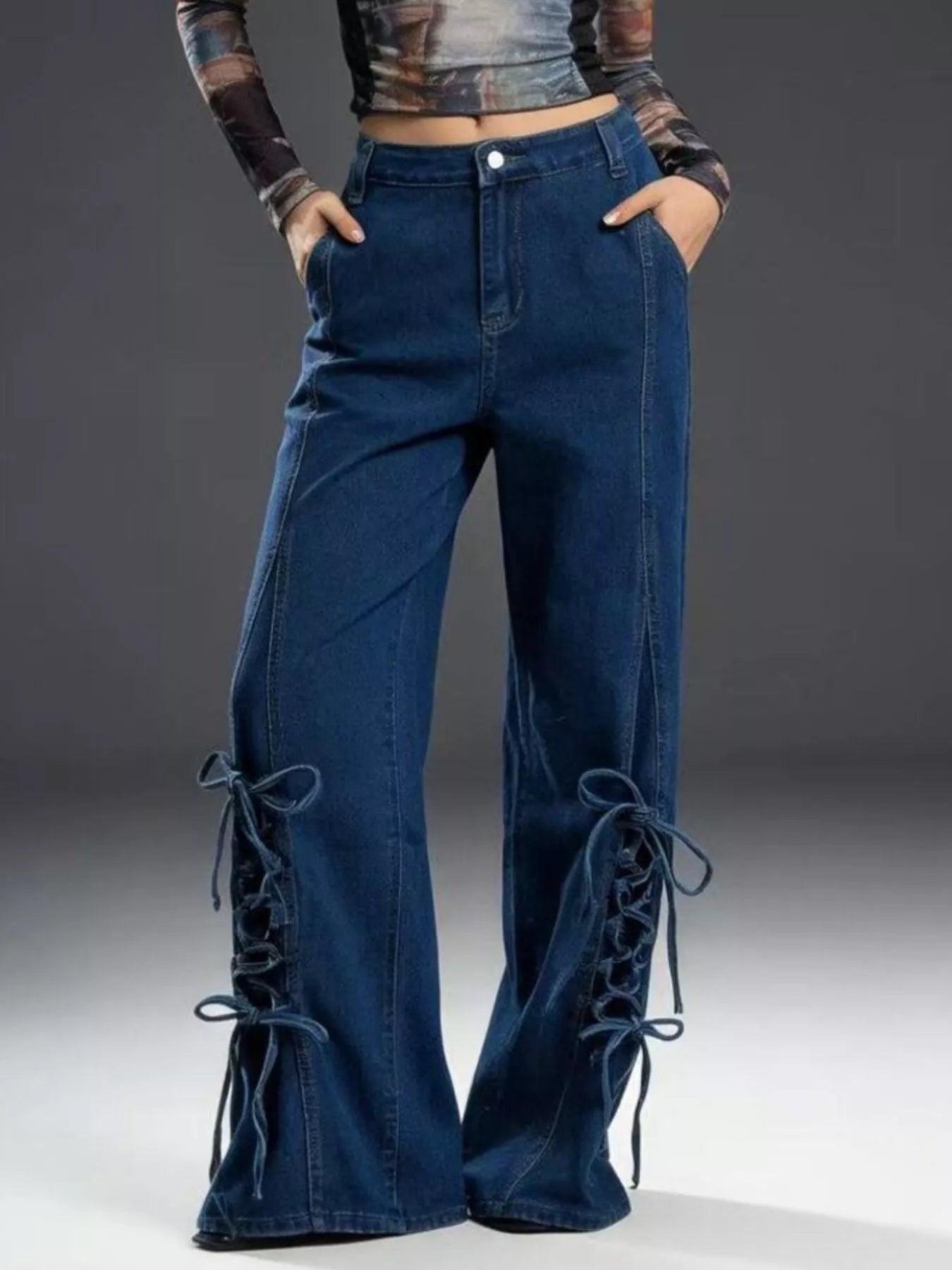 Lace-Up Wide Leg Jeans Dark Blue