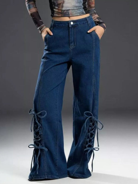 Lace-Up Wide Leg Jeans Dark Blue